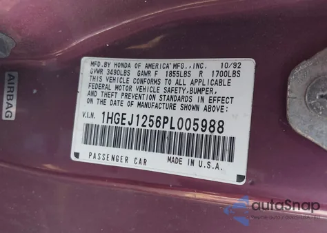 1993 Honda Civic Ex from USA, damaged, VIN 1HGEJ1256PL005988